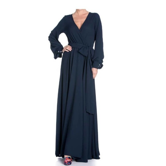 MEGHAN Los Angeles LilyPad Wrap Maxi Navy Dress with Surplice Neck - NWT- Size L - Picture 1 of 11